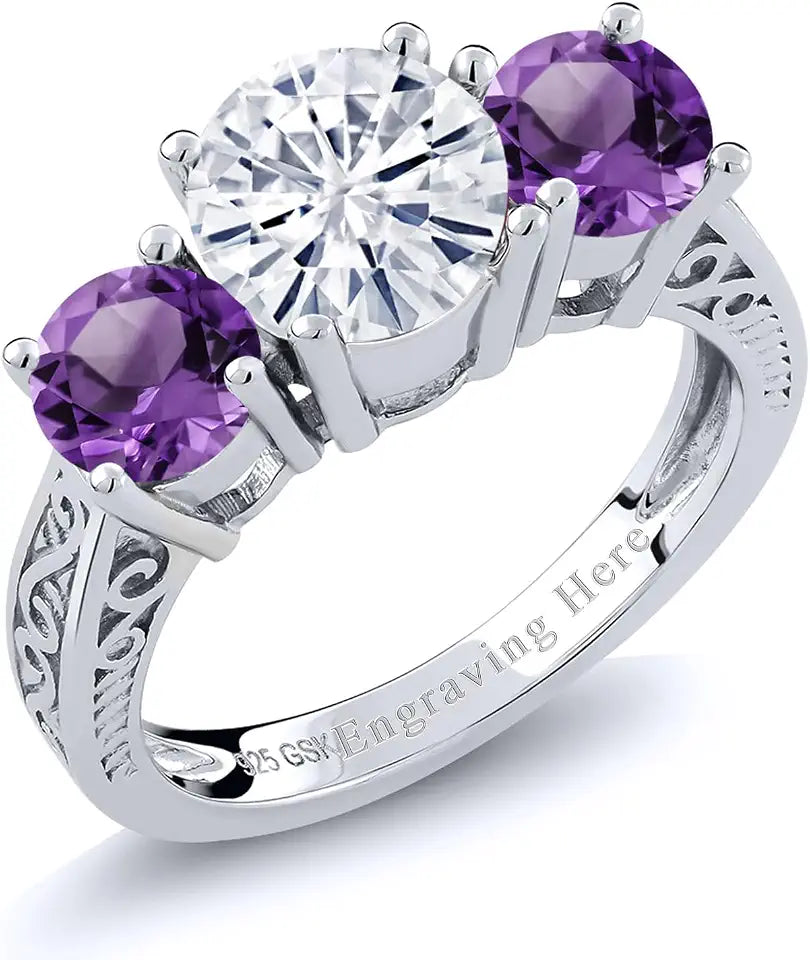 Sterling Silver Round Birthstone Engagement Ring, 7MM