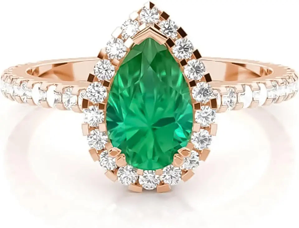 Gold-Tone Pear-Cut Created Emerald Halo Solitaire Engagement Ring