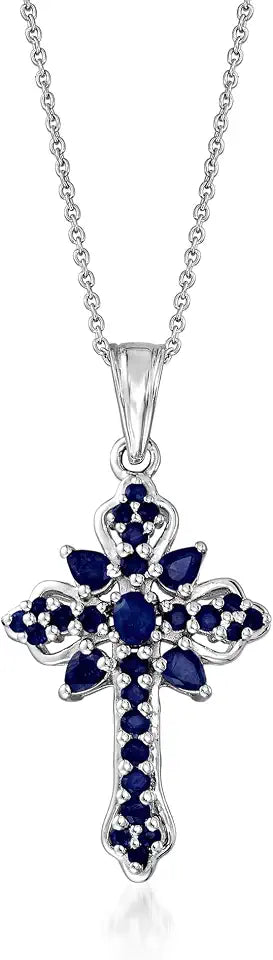 Sterling Silver Sapphire Cross Necklace, 18 inches