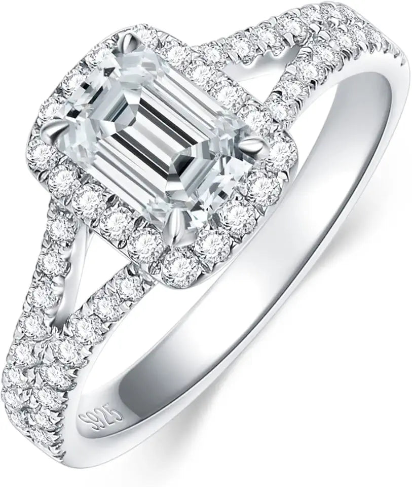 Sterling Silver Emerald-Cut Moissanite Engagement Ring