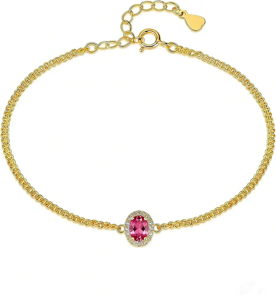 Gold-Tone Oval Birthstone Cuban Link Halo Bracelet