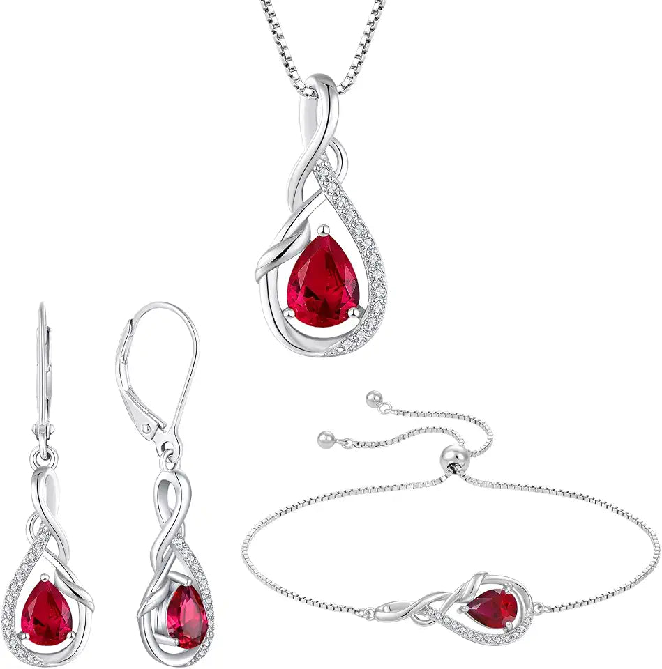 Sterling Silver Teardrop Created Ruby Infinity Jewelry Set with Birthstone