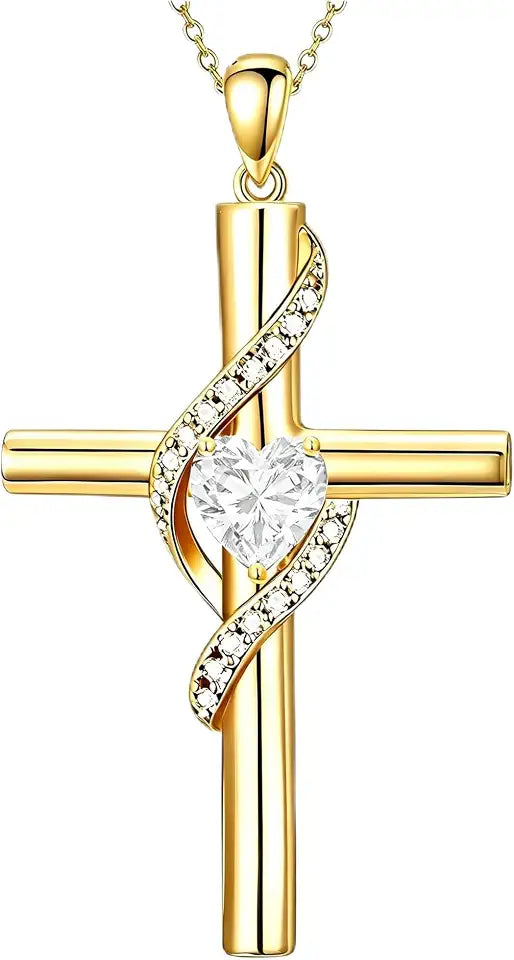 Gold-Tone Birthstone Heart Cross Necklace