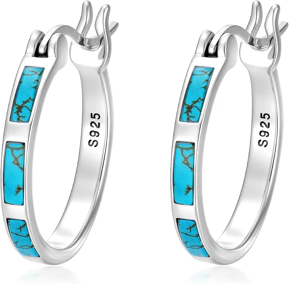 Sterling Silver Oval Turquoise Hoop Drop Earrings