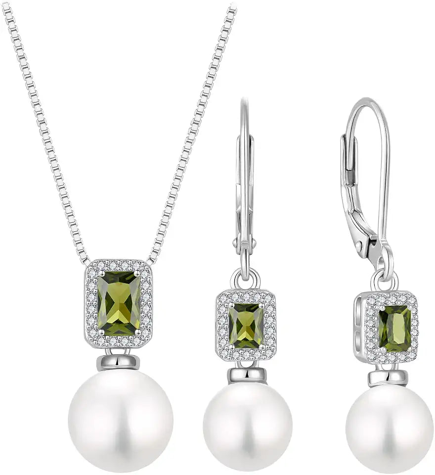 Sterling Silver Emerald-Cut Peridot Jewelry Set with Birthstone