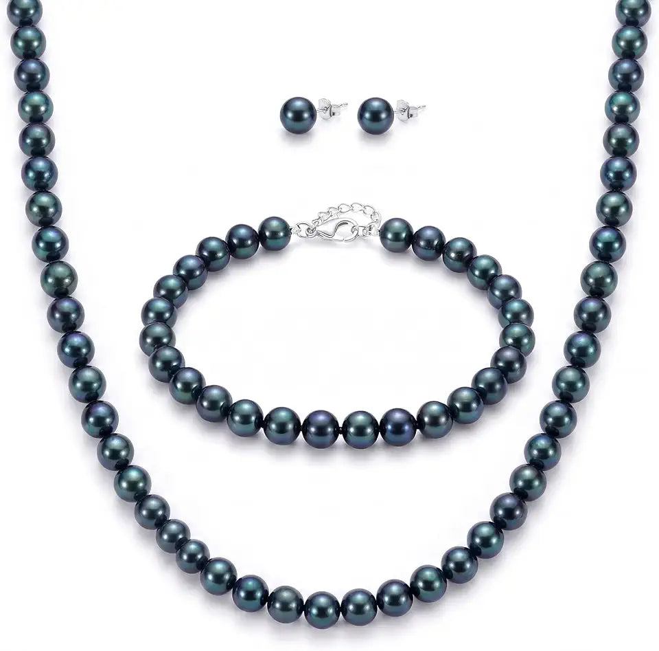 Sterling Silver Round Black Pearl Jewelry Set