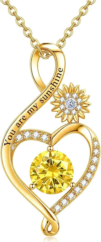 Gold-Tone Birthstone Heart Sunflower Necklace