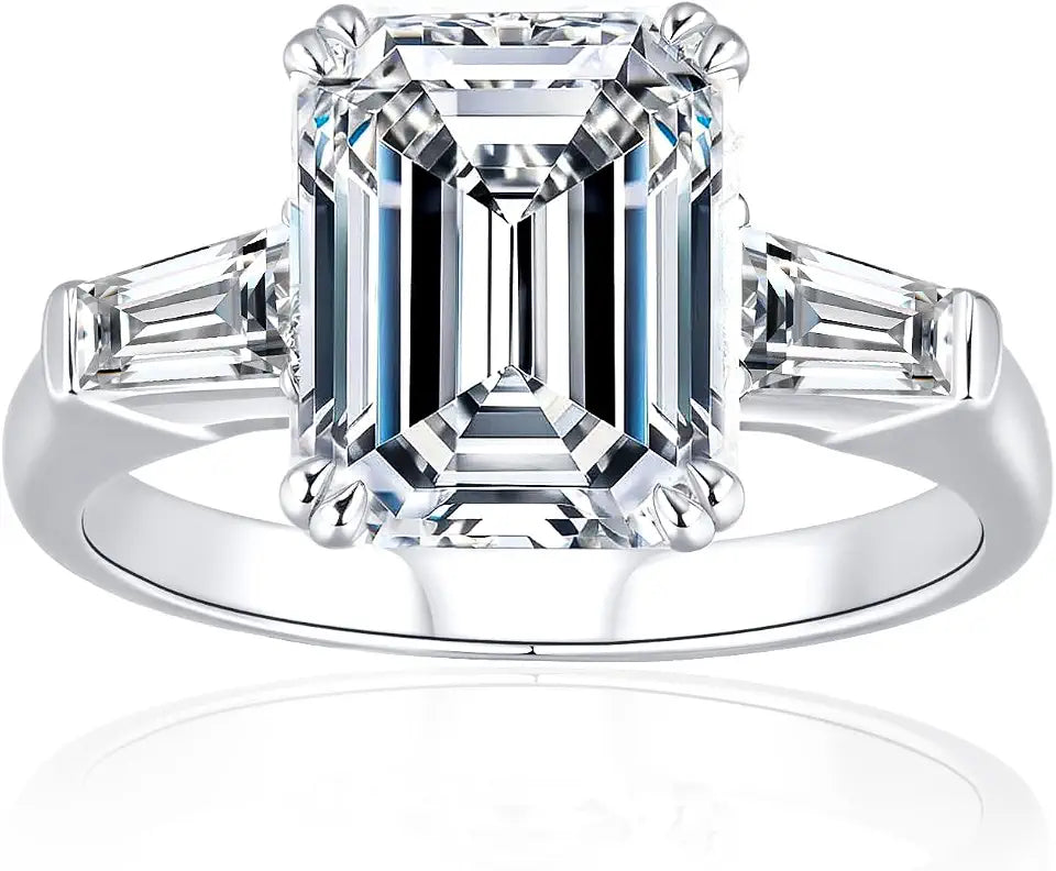 18K White Gold-Plated Sterling Silver Emerald-Cut Moissanite Engagement Ring
