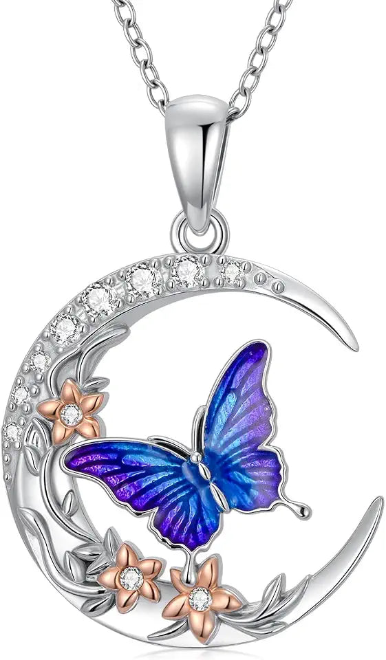 Sterling Silver Lab-Grown Diamond Butterfly Moon Necklace