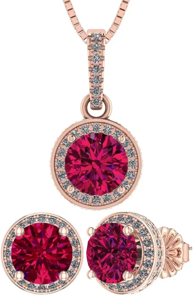 Sterling Silver Round Birthstone Halo Jewelry Set