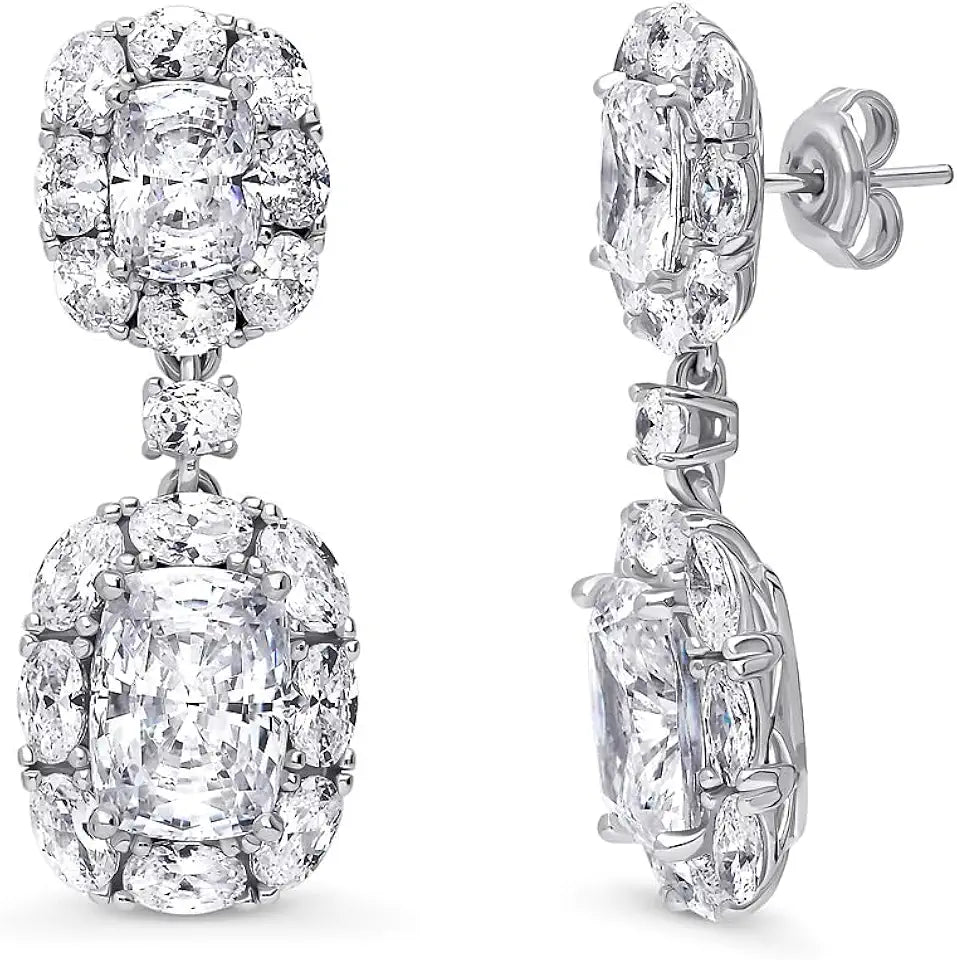 Sterling Silver Cubic Zirconia Drop Halo Earrings
