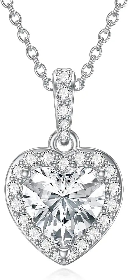 18K White Gold-Plated Moissanite Heart Halo Necklace
