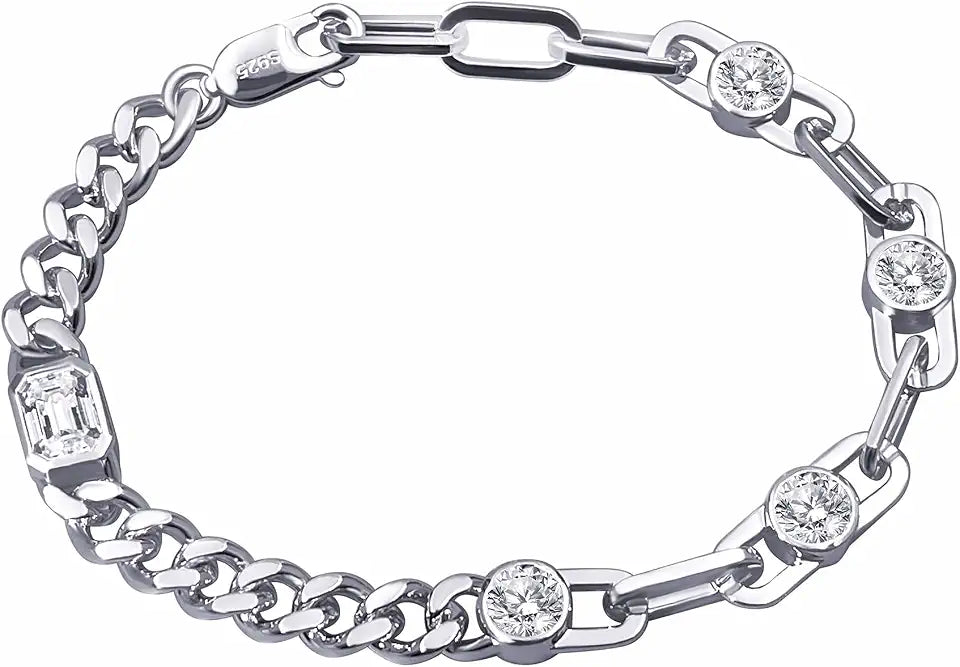 18K White Gold-Plated Sterling Silver Emerald-Cut Moissanite Bracelet