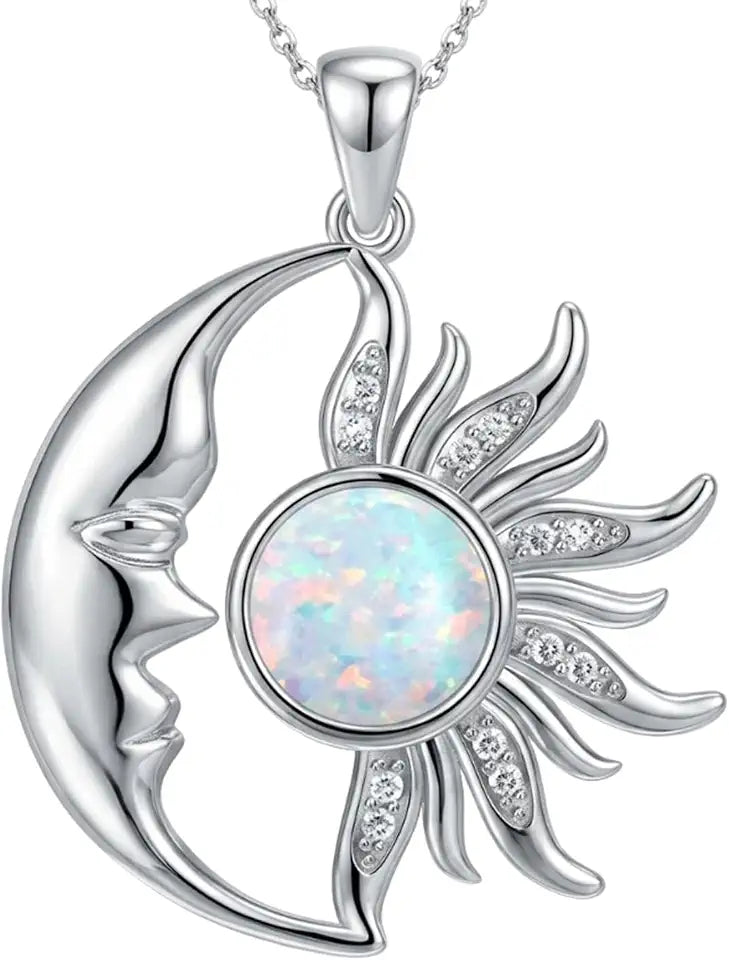 Sterling Silver Round Opal Moon Necklace