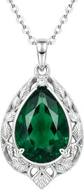 Sterling Silver Pear-Cut Emerald Necklace with Birthstone