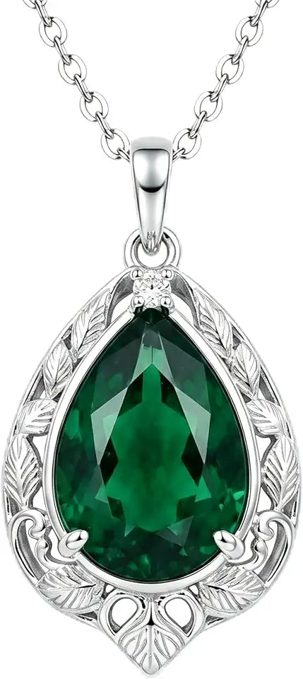 Sterling Silver Pear-Cut Emerald Necklace with Birthstone