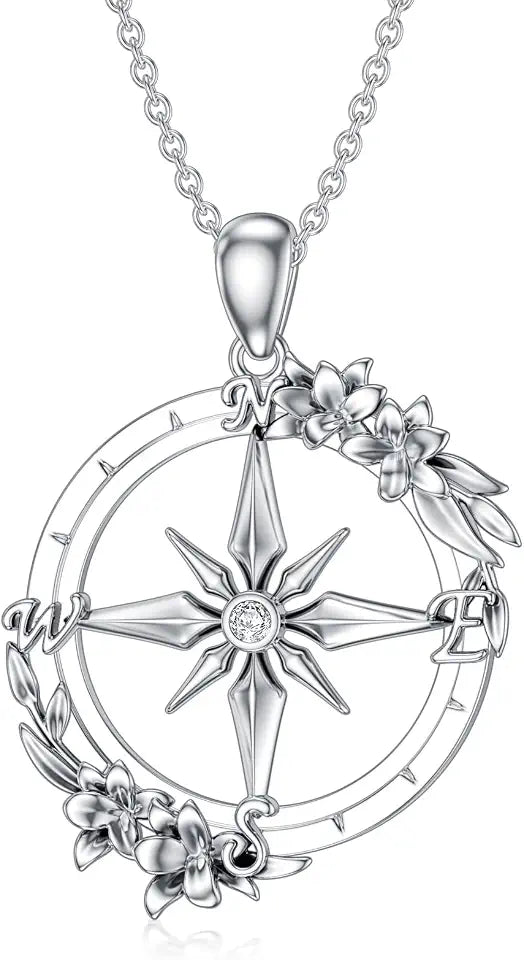 Sterling Silver Compass Floral Necklace