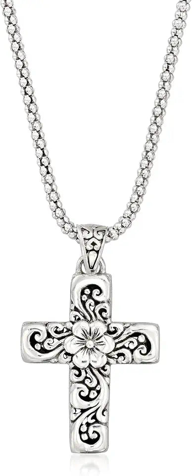 Sterling Silver Cross Floral Necklace