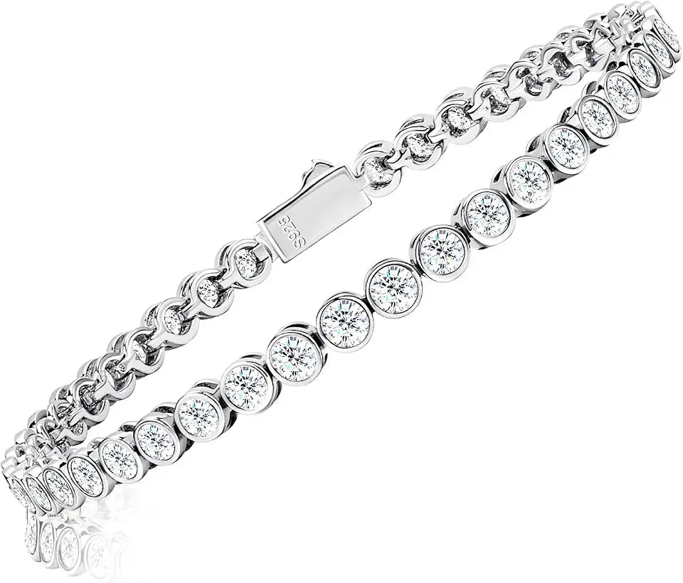 White Gold-Plated Sterling Silver Round Moissanite Tennis Bracelet, 3mm