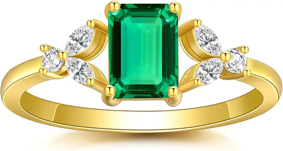 Gold-Tone Emerald-Cut Moissanite Engagement Ring