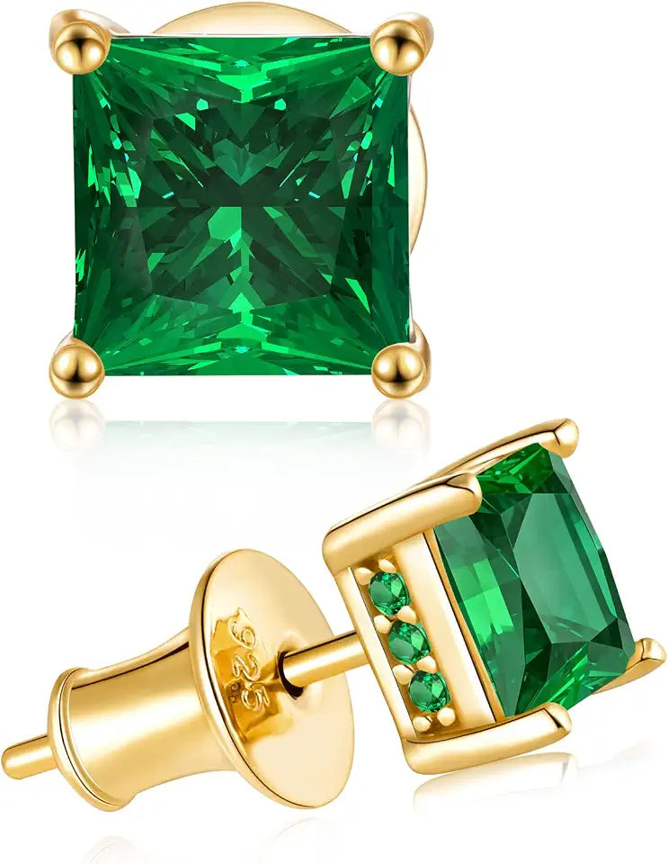 Gold-Plated Sterling Silver Oval Created Emerald Stud Solitaire Earrings