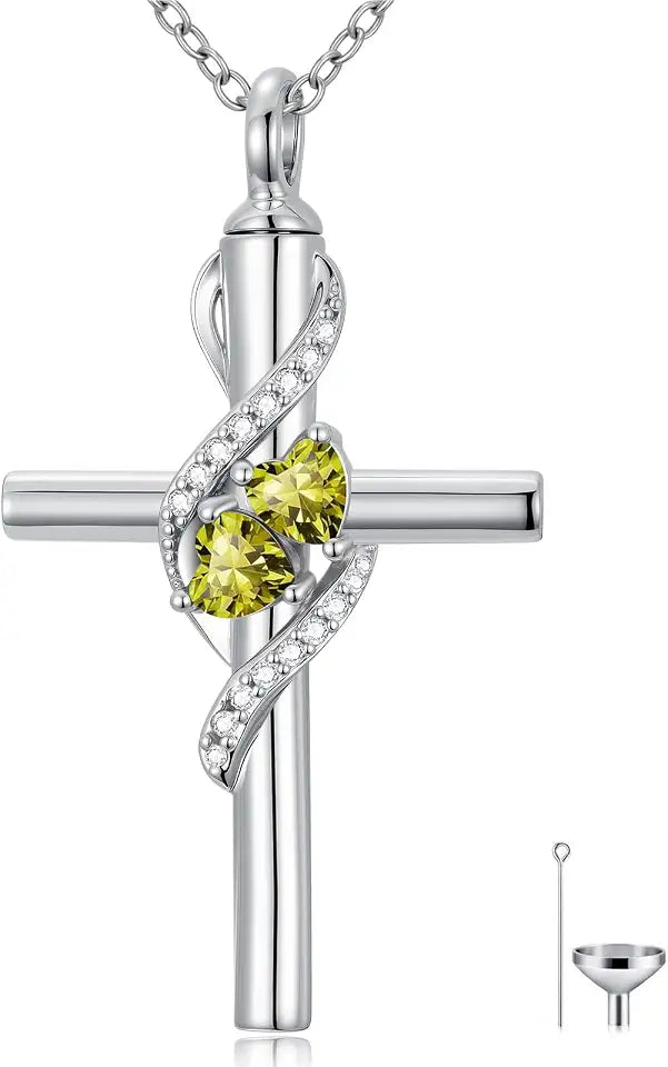18K White Gold-Plated Birthstone Locket Cross Necklace
