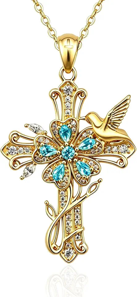 Gold-Tone Cubic Zirconia Cross Floral Necklace