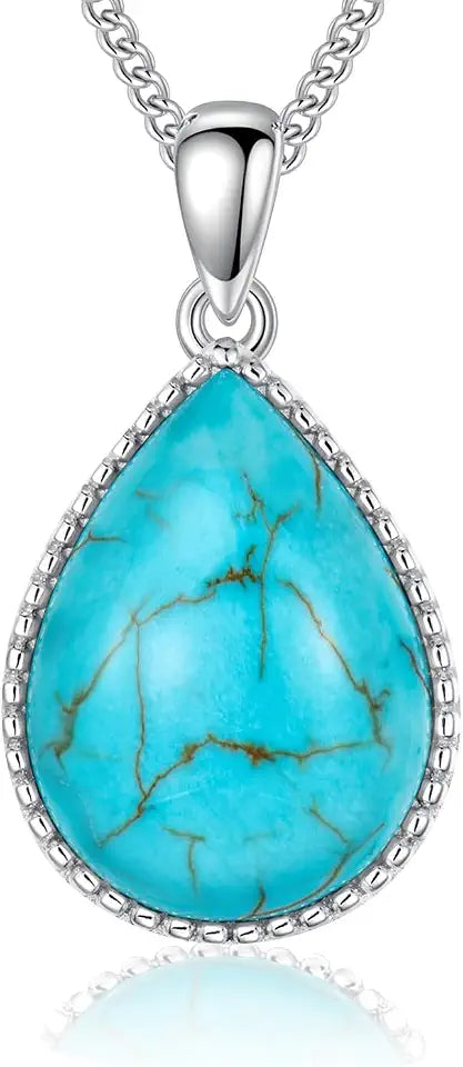 Sterling Silver Teardrop Turquoise Necklace with Birthstone