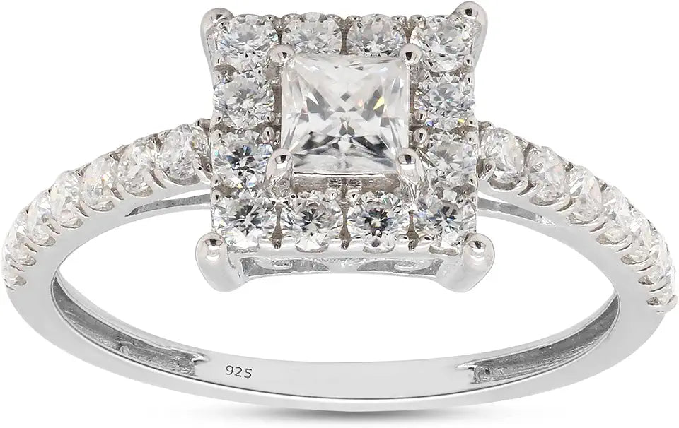 Gold-Tone Sterling Silver Square Moissanite Halo Engagement Ring