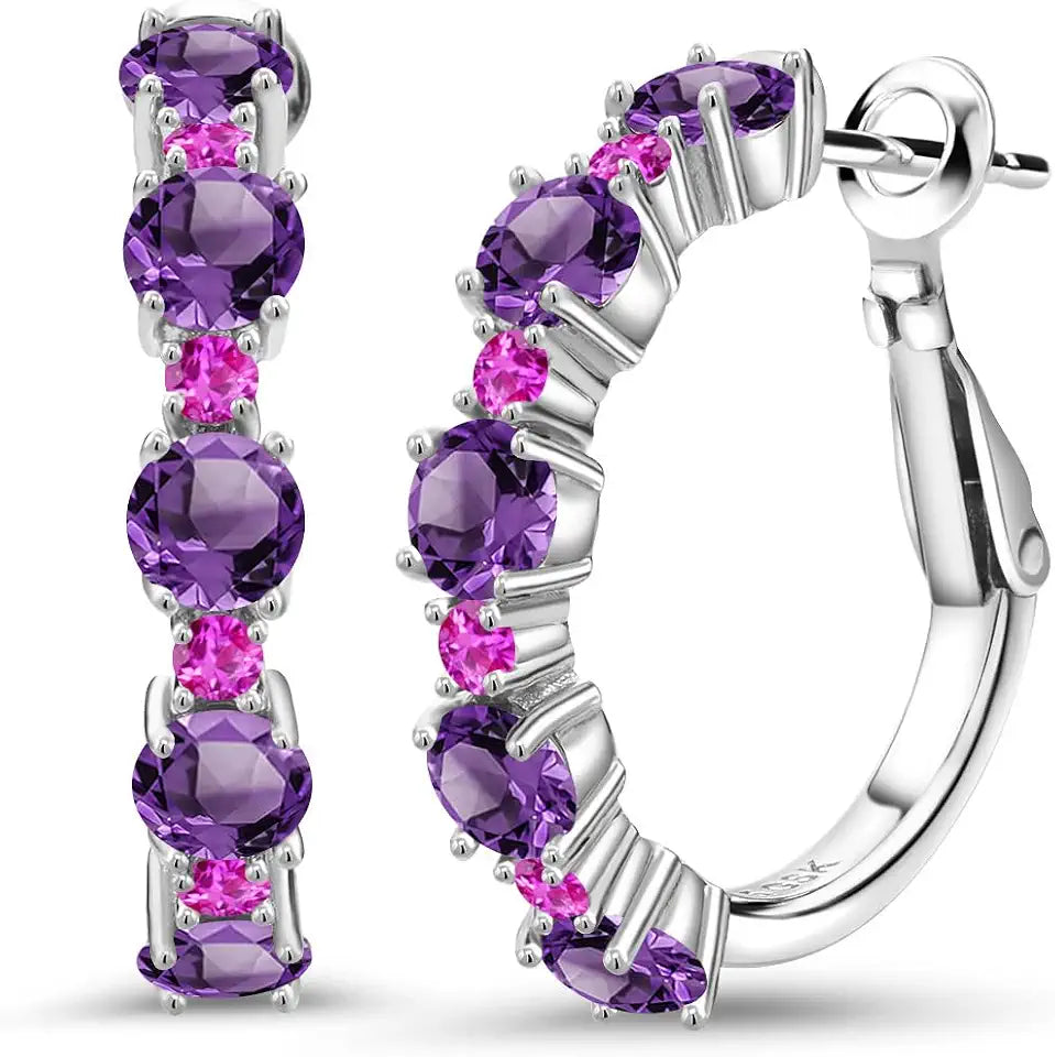 Sterling Silver Round Amethyst Hoop Earrings with Birthstone
