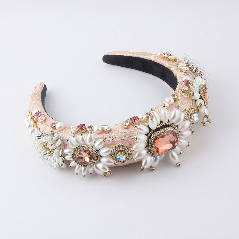 Pink baroque padded headband with faux pearls and rhinestones