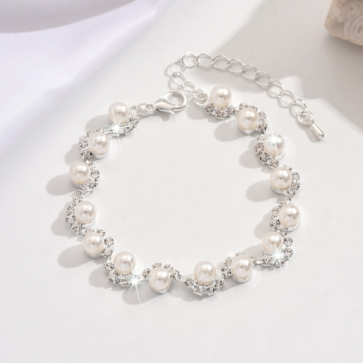 Pearl and Rhinestone Bracelet for Women, Silver Gold or Rose Gold-Tone — side view
