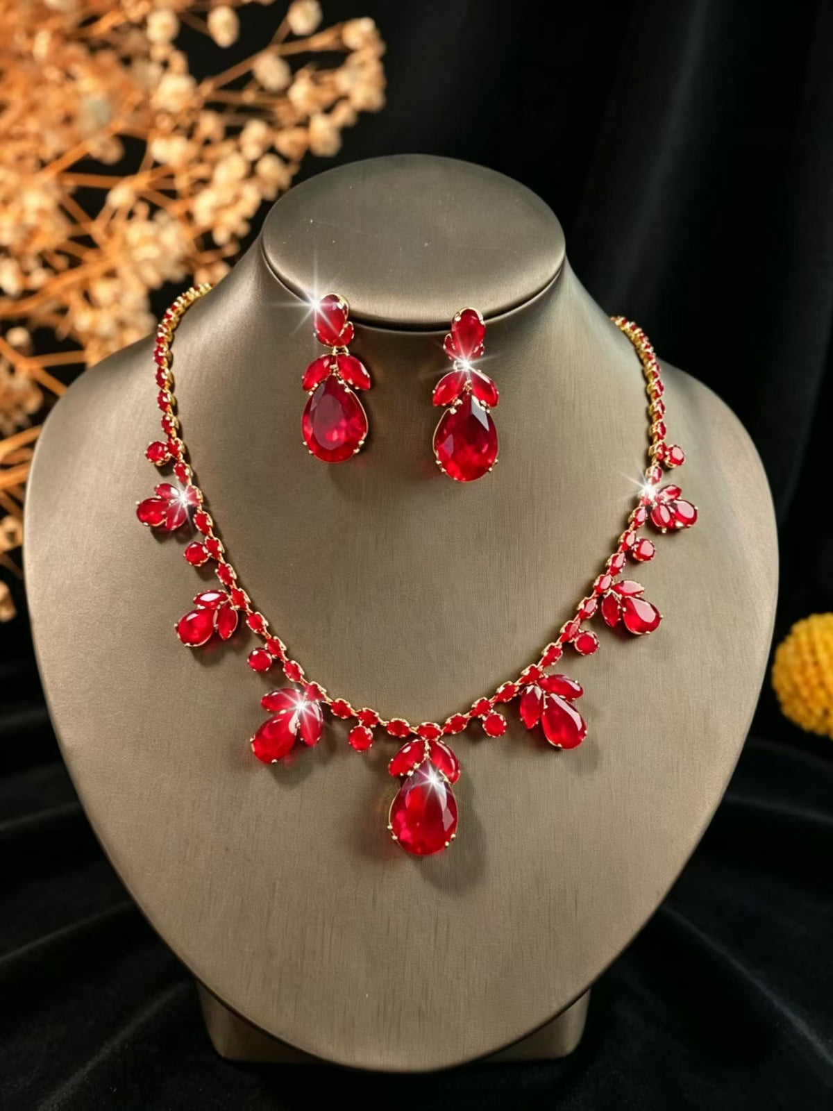 Cubic Zirconia Leaf Bridal Set in Ten Styles — Teardrop Necklace and Drop Earrings, Silver or Gold Tone