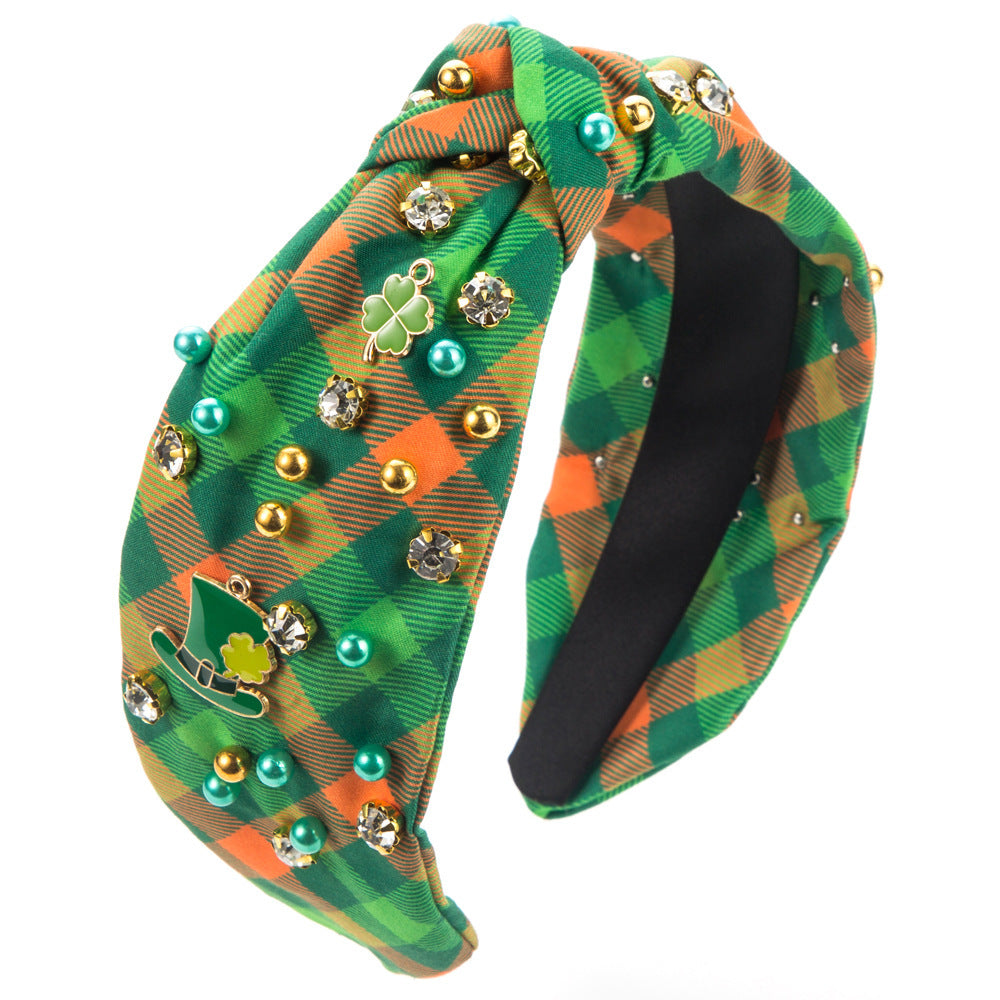 Green and orange plaid knotted headband with rhinestones