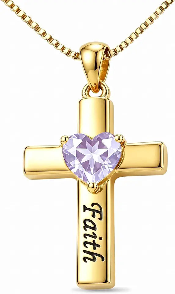 Gold-Tone Birthstone Heart Cross Necklace