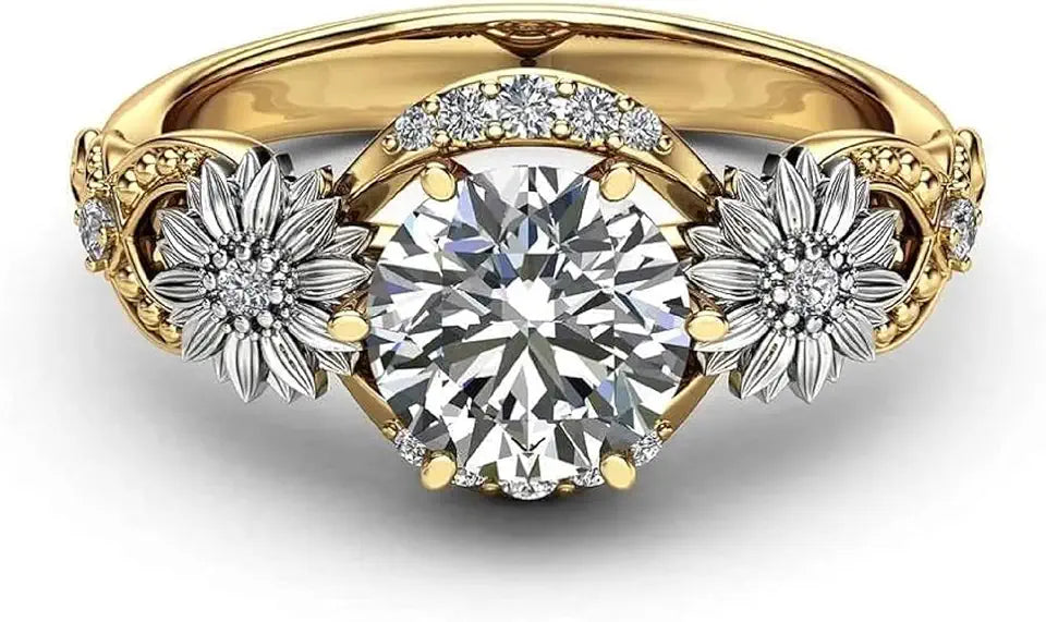 Gold-Tone Sterling Silver Round Sunflower Engagement Ring