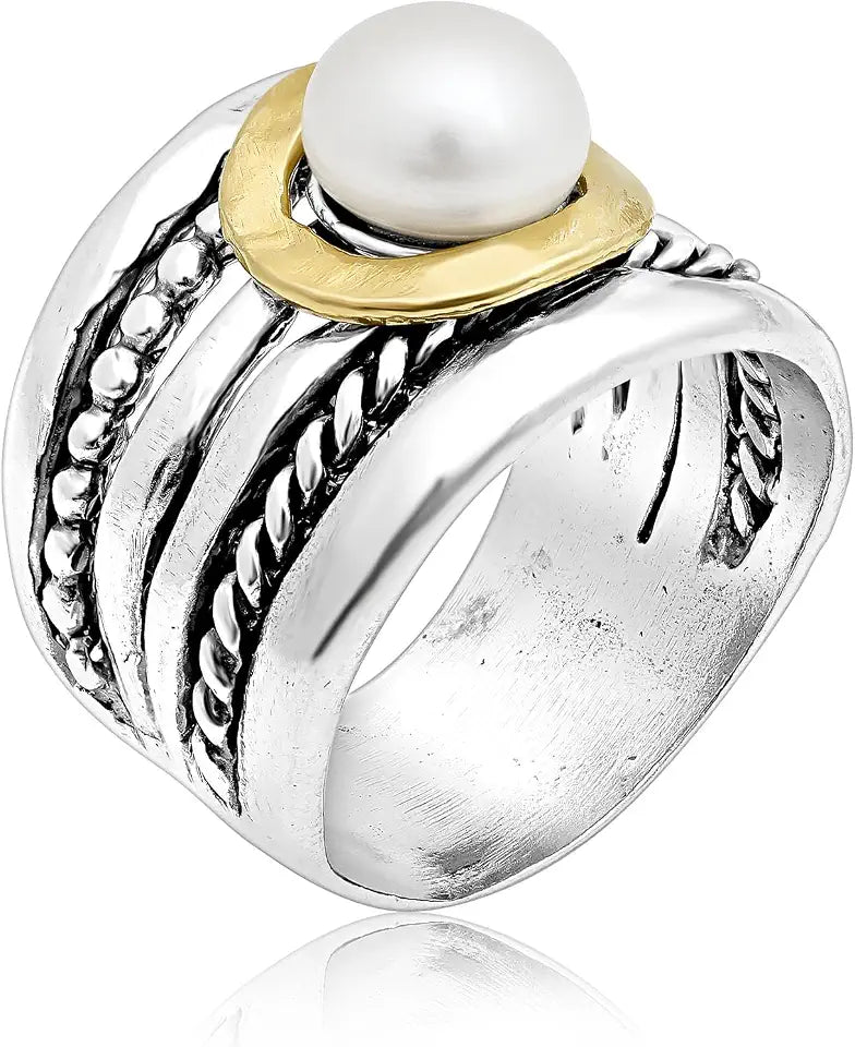 Gold-Tone Sterling Silver Freshwater Pearl Rope Ring