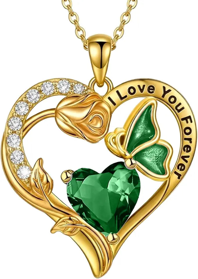 Gold-Tone Birthstone Heart Butterfly Necklace