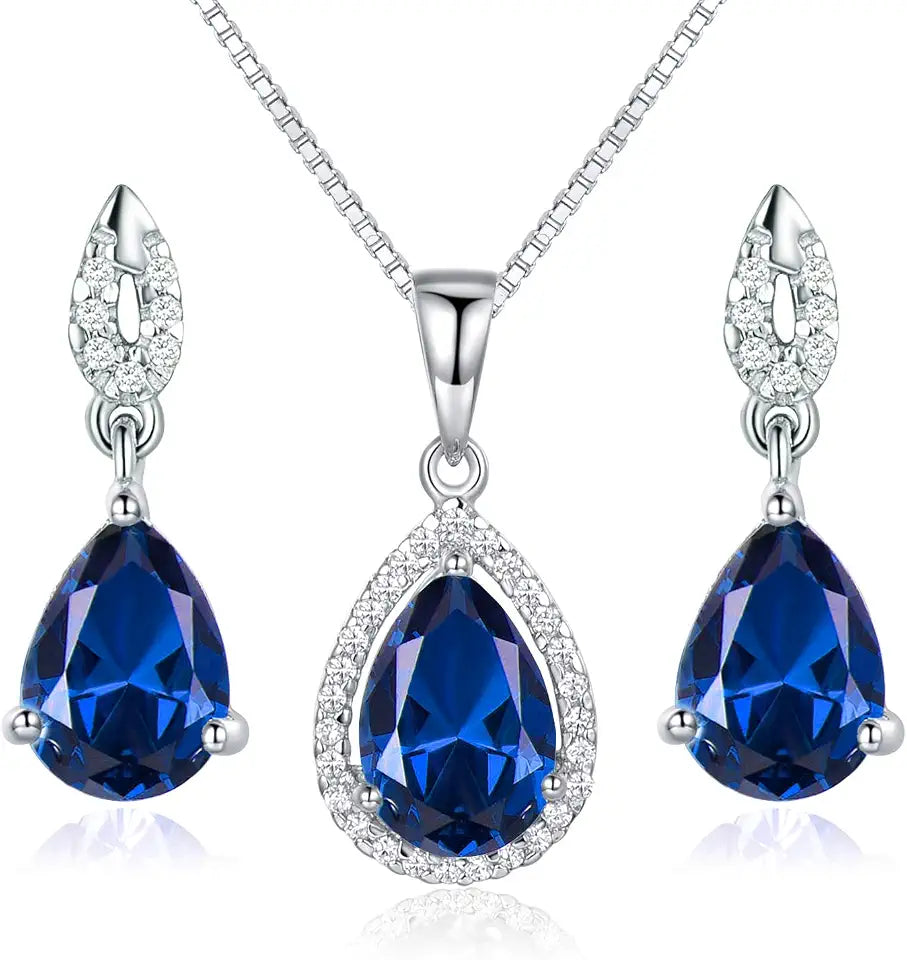 Rhodium-Plated Sterling Silver Teardrop Birthstone Stud Jewelry Set