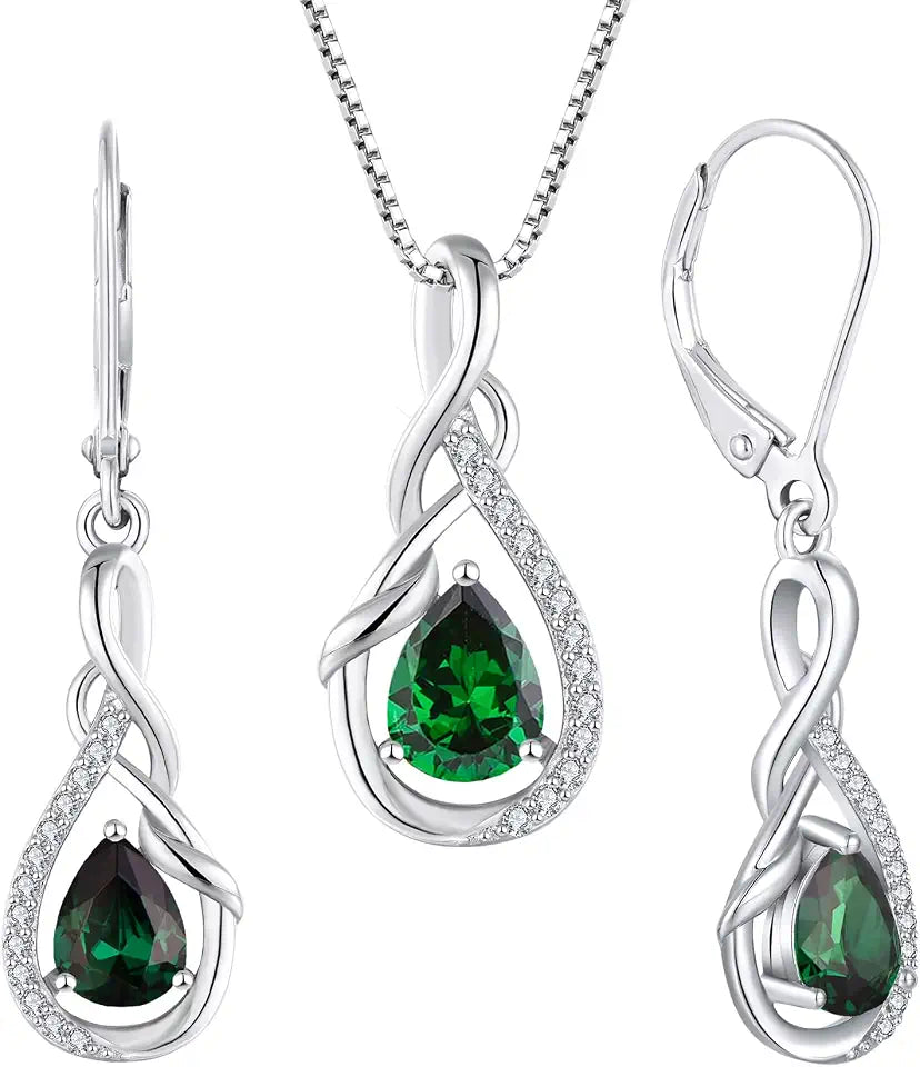 Sterling Silver Teardrop Created Emerald Drop Infinity Jewelry Set