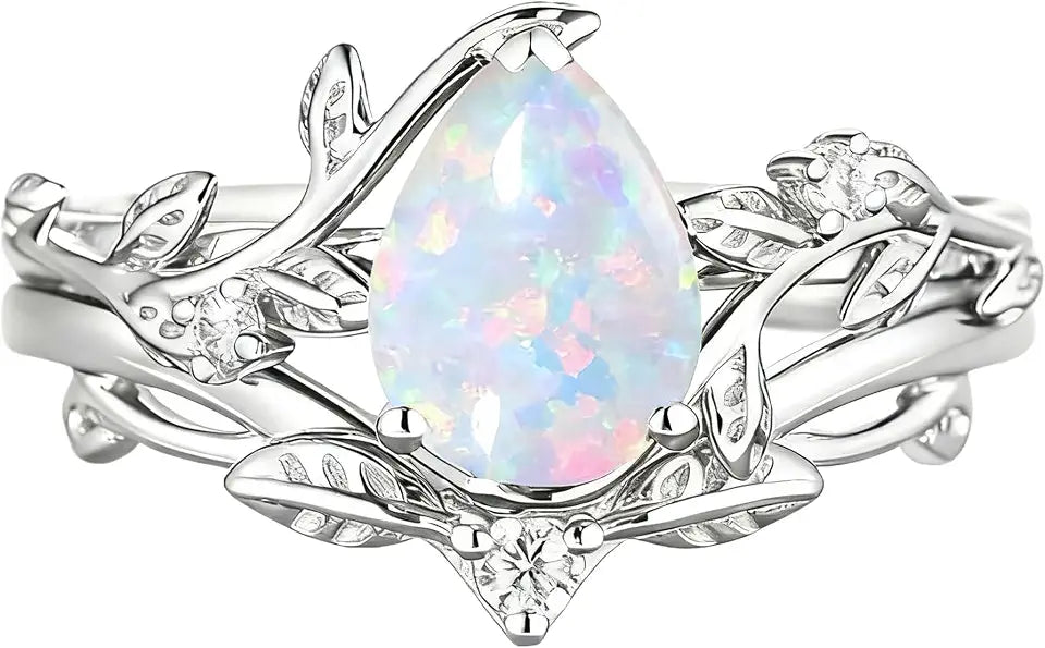 Sterling Silver Pear-Cut Opal Halo Engagement Ring