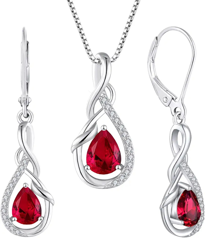 Sterling Silver Teardrop Created Ruby Drop Infinity Jewelry Set with Birthstone