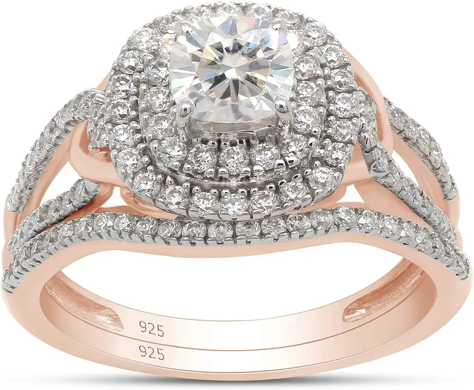 Gold-Tone Sterling Silver Round Moissanite Halo Ring, 5MM