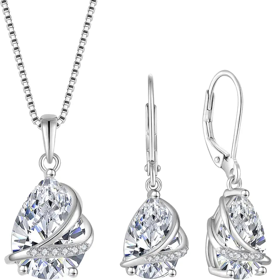 Sterling Silver Teardrop Cubic Zirconia Jewelry Set with Birthstone
