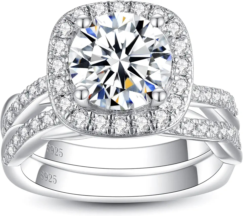 White Gold-Tone Sterling Silver Moissanite Halo Engagement Ring