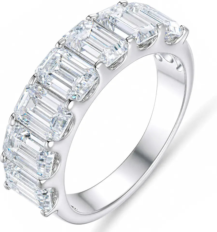 Rhodium-Plated Emerald-Cut Moissanite Engagement Ring
