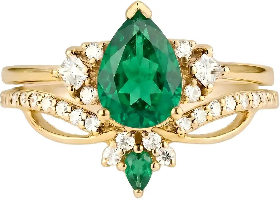 Gold-Tone Emerald Engagement Ring with Birthstone