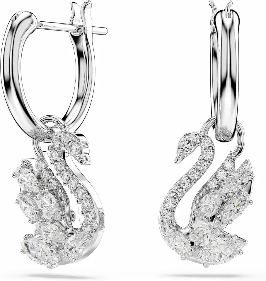 Rhodium-Plated Drop Swan Earrings