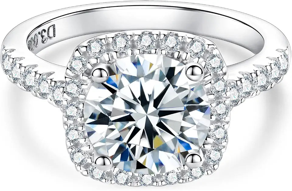 14K White Gold-Plated Sterling Silver Round Moissanite Halo Engagement Ring