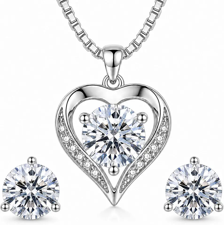 Rhodium-Plated Moissanite Stud Heart Jewelry Set
